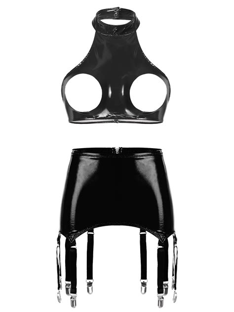 Zaldita Women Wetlook Patent Leather Lingerie Set Hollow Out Latex Bra