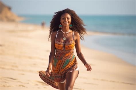 Premium AI Image Attractive African Woman In Bikini Walking On The Beach