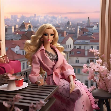 Premium AI Image Cute Blonde Barbie Wearing A Pink Clothing Posed With Drinks Against City