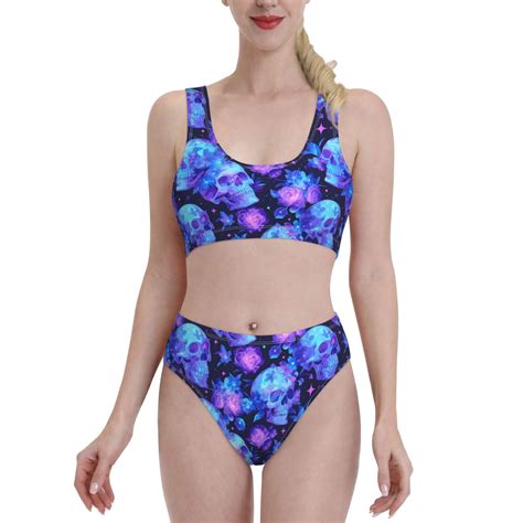 High Waisted Bikini Sets For Women Skull Flower Star Sky Swimsuits Tummy Control Two Pieces