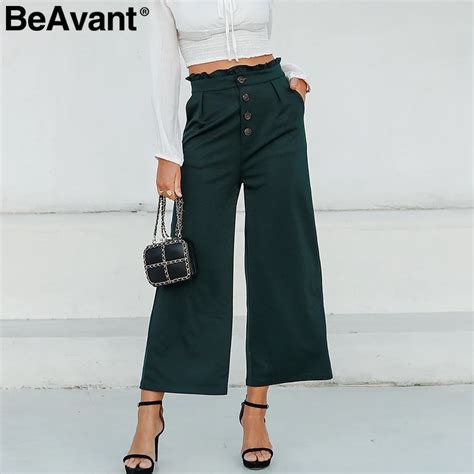 Beavant High Waist Button Wide Leg Pants Trousers Ruffled Office Lady