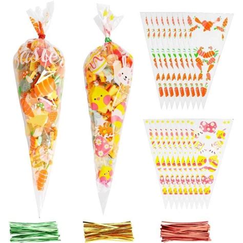 100Pcs Sacs Bonbons Sacs De Cône Triangle De Pâques Sachet Plastique