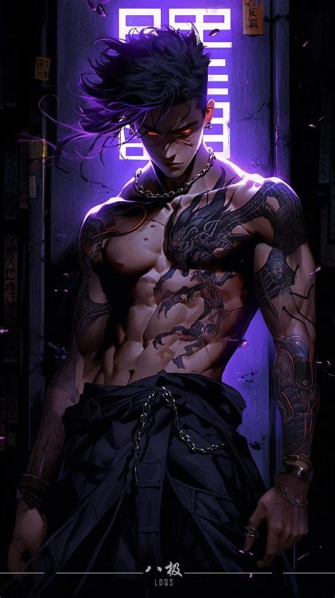 A Man With Tattoos And Piercings Standing In Front Of A Neon Sign On