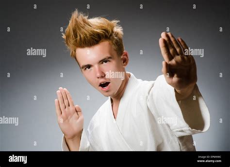 Funny Karate Fighter Wearing White Kimono Stock Photo Alamy