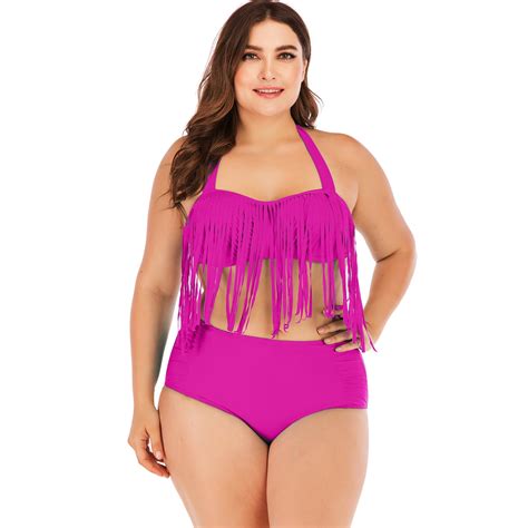 Sayfut Women S Plus Size Bikini Set High Waist Bottoms Braided Fringe Swimwear Swimsuit Red