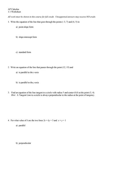 Calc Chapter 1 Worksheet AP Calculus 1 Worksheet All Work Must Be