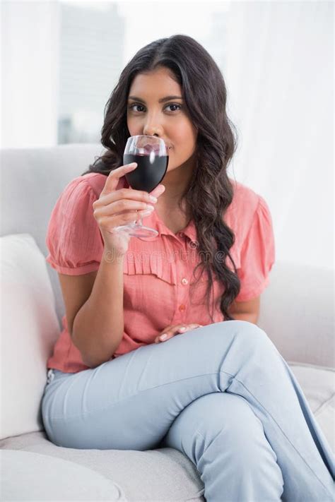 Happy Cute Brunette Sitting Couch Drinking Red Wine Photos Free Royalty Free Stock Photos