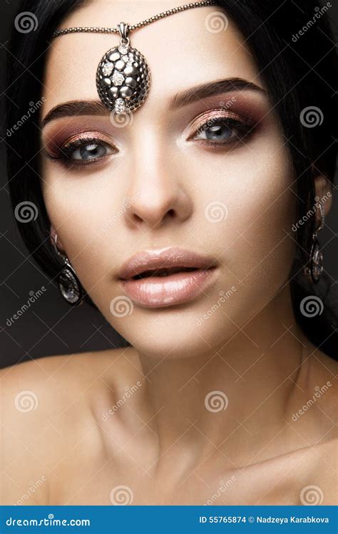 Beautiful Model Brunette With Long Curled Hair Stock Photo Image Of Bright Gloss 55765874