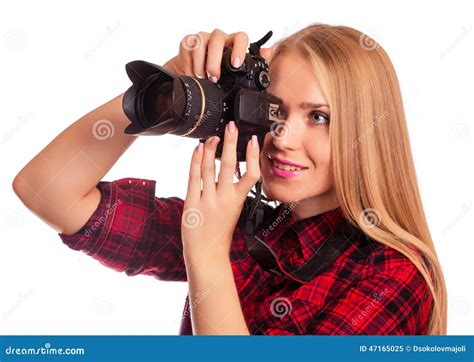Photographe Amateur De Charme Tenant Un Appareil Photo Professionnel Oin Image Stock Image