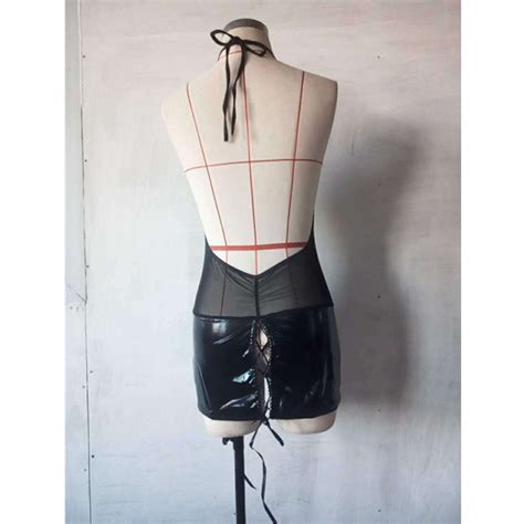 Sexy Costumes Erotic Underwear Leather Gauze Splice Open Crotch Lingerie Babydoll Dress Best