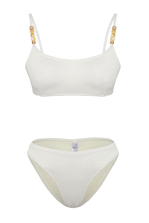 Trendyolmilla Ekru Bralette Boncuk Aksesuarlı Dokulu Regular Bikini Takımı TBESS25BT00057 Fiyatı