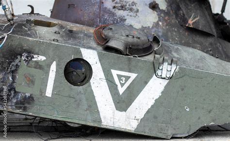 War In Ukraine Destroyed Tank With A Torn Off Turret With A V On It