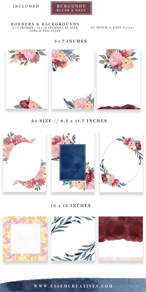 Burgundy Blush Navy Watercolor Backgrounds 5x7 Floral Borders