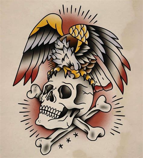 Traditional Tattoo Design Skull With Eagle And Cross Bones