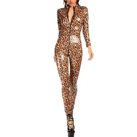 Erotic Sexy Leopard Latex Bodysuit Zipper Dress For Sex Woman Breast Exposing Open Crotch