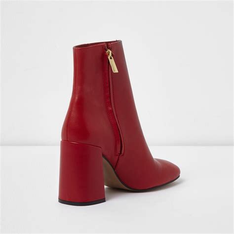 River Island Red Leather Block Heel Ankle Boots Lyst