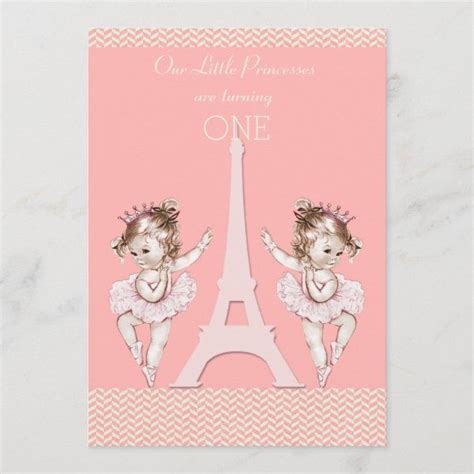 Twin Ballerinas Eiffel Tower Chevrons 1st Birthday Invitation Zazzle