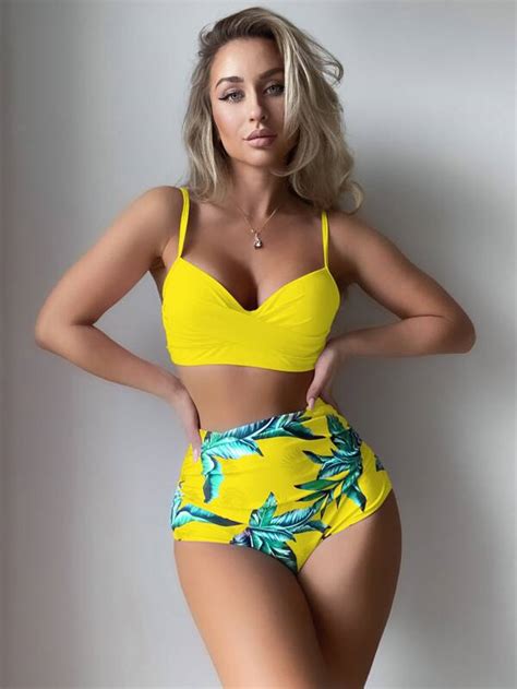 SHEIN Swim Vcay Tropical Print Ruched Wrap Cross Push Up Bikini Swimsuit SHEIN USA