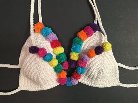 Colorful Rio Pom Pom Boho Bralette Bra Crochet Bikini Top Cotton