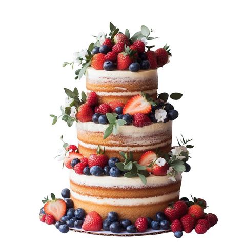 Three Tiered Naked Cake With Berries And Flowers Stock Photo Image Of Summer Pastry
