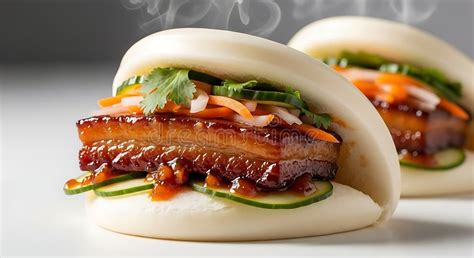 close    bao buns filled  pork belly  fresh vegetables