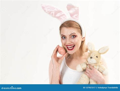 Egg Hunt Easter Eggs As Traditional Food Woman In Rabbit Bunny Ears