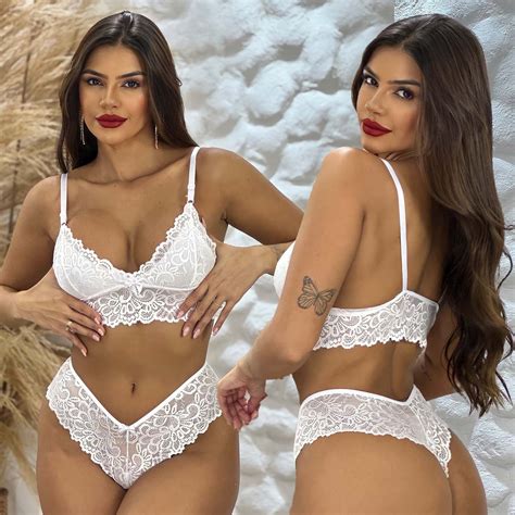 Conjunto De Lingerie Sem Bojo Renda Calcinha Fio Dental Sexy Sensual Shopee Brasil