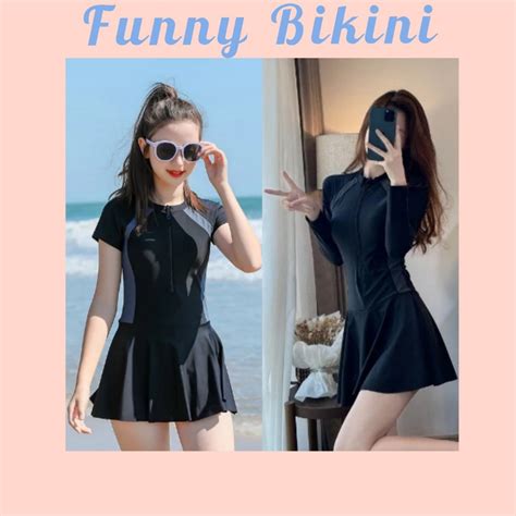 Size M L XL Bikini đồ bơi đi biển một mảnh dây kéo đen phối xám form váy có quần bảo hộ kín