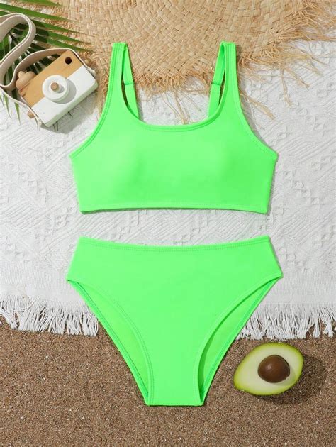Shein Tween Girl Summer Beach Fluorescent Green Top And Bottom Casual Neon Bikini Set Bathing
