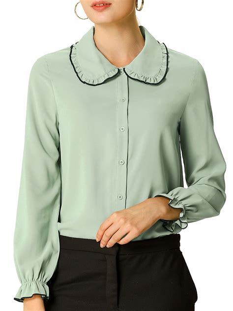 Allegra K Womens Sweet Ruffle Peter Pan Collar Button Up Work Shirts