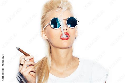 Sexy Blonde Woman In Sunglasses Smoking Cigar Stock Photo Adobe Stock