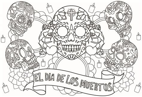 El dia de los muertos five skulls - El Día de los Muertos Adult Coloring Pages