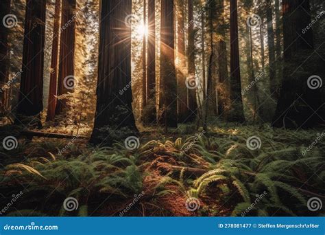 Majestic Redwood Forest In Golden Hour Light Stock Illustration