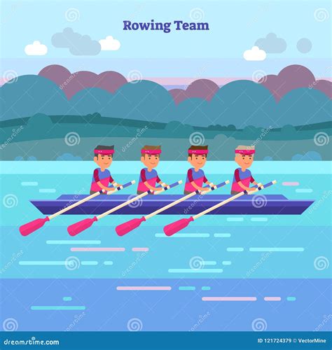 Rowing Team Vector Illustration In Kayak Or Canoe Outdoor Activity