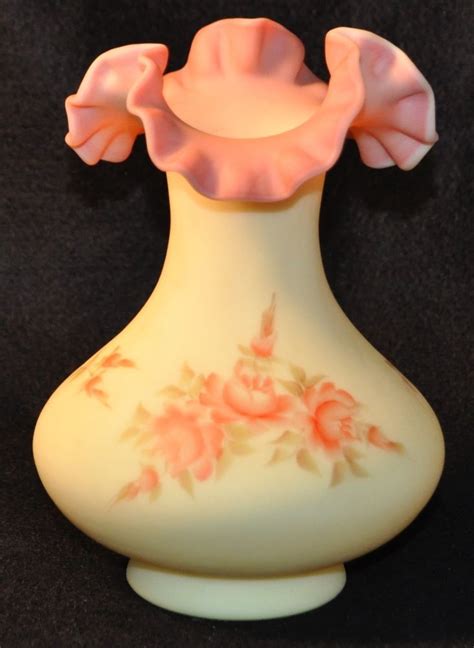 Vintage Fenton Burmese 7 Vase Vaseline Custard Pink Hand Painted Roses Signed Hand Painted