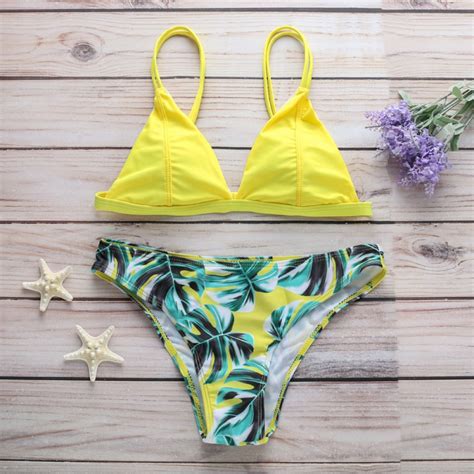 Strappy Leaf Print Triangle Bikini Set Wetsuitsbuy