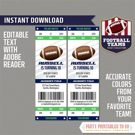 Seattle Seahawks Football Ticket Invitation Template Navy And Green Instant Download