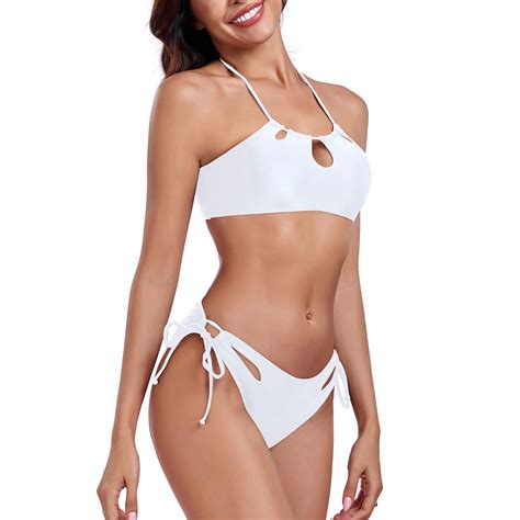 Relleciga Women S Piece Swimsuits For Women Sexy Bikini Set White Cutout Halter Bikini Two