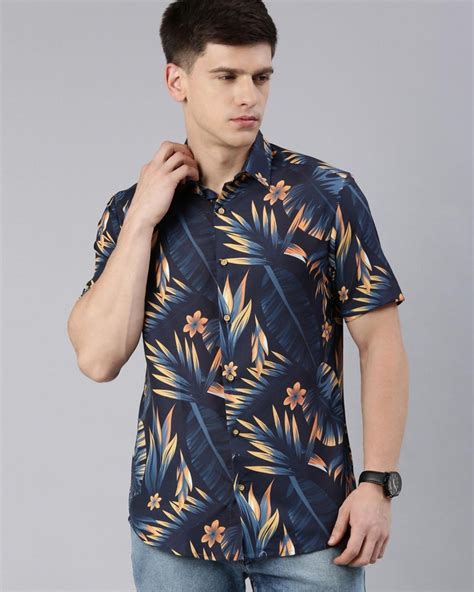 Buy Men S Blue Leaf Street Floral Printed Slim Fit Shirt Online At Bewakoof