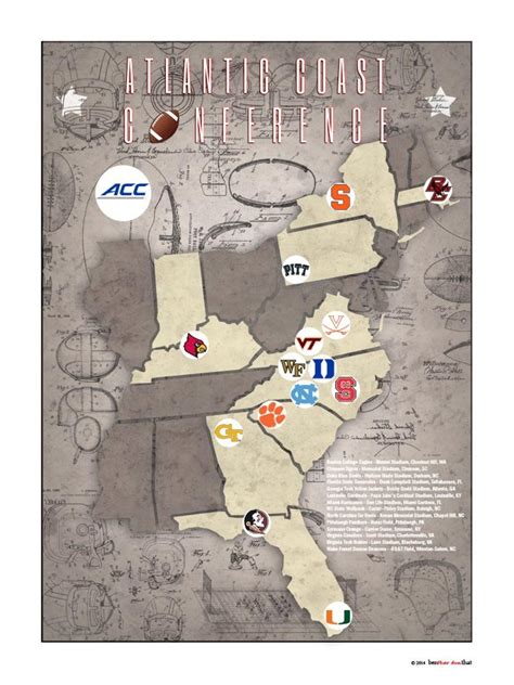 ACC College Football Stadiums Teams Location Tracking Map - Etsy