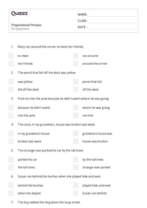 Prepositional Phrases Worksheets For Th Grade On Quizizz Free