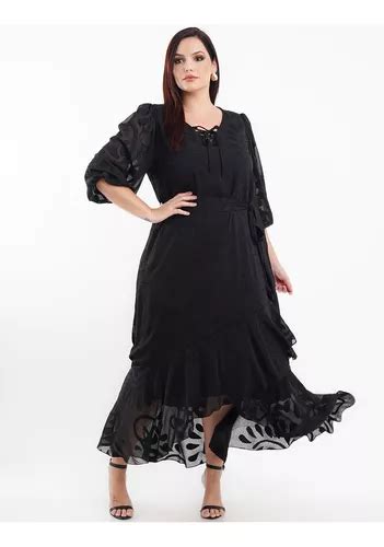 Vestido Longo Crepe Frente Cordinha Preto Dona Charme Parcelamento