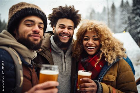 Friends Drinking Beer On The Road In Winter In The Style Of Afro