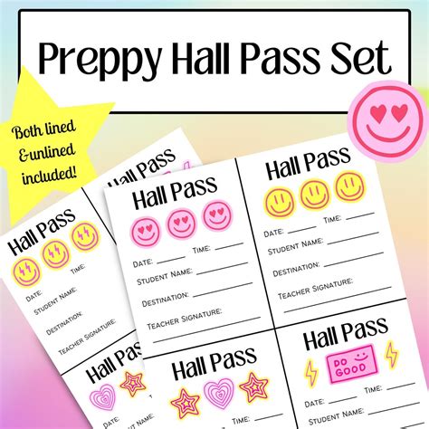 Hall Passes Preppy Themed Hall Pass Set Office Pass Smiley Face Printable Pdf Etsy