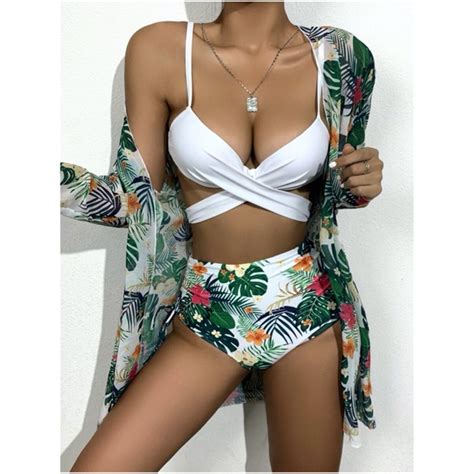 Swim Piece Floral Print Leaves Bikini Kimono Set Poshmark