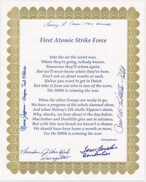Lot ENOLA GAY SIGNED FIRST ATOMIC STRIKE FORCE POEM