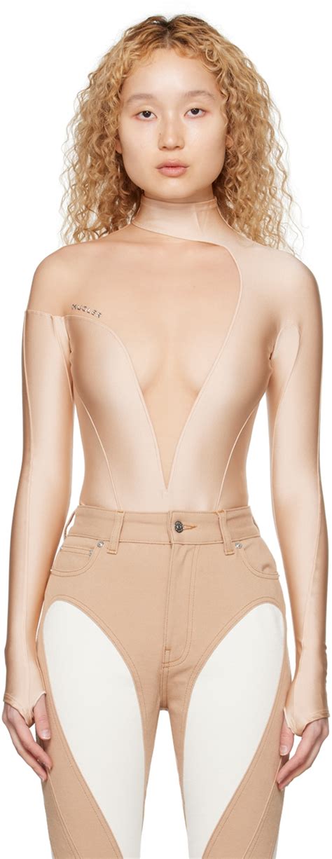 Buy MUGLER Beige Asymmetric Illusion Bodysuit B20n1 Powder Nude At 60 Off Editorialist