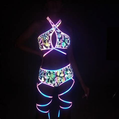 Reflective Women Rave Bikini Set Reflective Glowing In The Dark Wear The Ligh