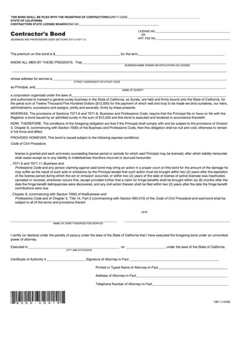 Fillable Contractor S Bond Form California Contractors State License