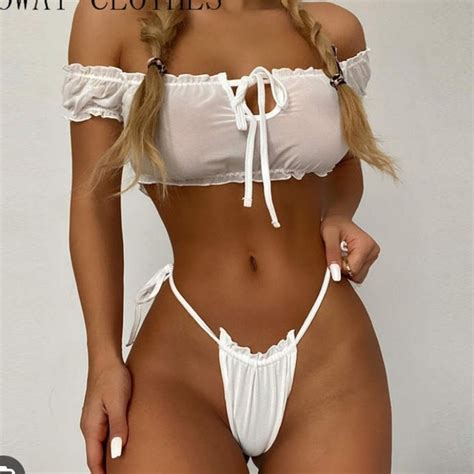 Swim Off Shoulder Crop Top Thong Bikini Lingerie Set Poshmark